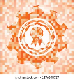 ribbon icon inside orange tile background illustration. Square geometric mosaic seamless pattern with emblem inside.
