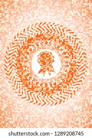 ribbon icon inside orange tile background illustration. Square geometric mosaic seamless pattern with emblem inside.