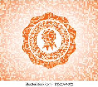 ribbon icon inside orange tile background illustration. Square geometric mosaic seamless pattern with emblem inside.