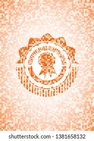 ribbon icon inside orange tile background illustration. Square geometric mosaic seamless pattern with emblem inside.