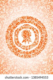 ribbon icon inside orange tile background illustration. Square geometric mosaic seamless pattern with emblem inside.