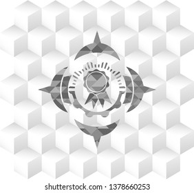 ribbon icon inside realistic grey emblem with geometric cube white background