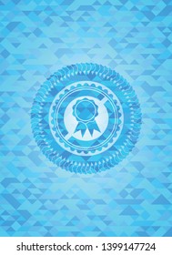 ribbon icon inside realistic light blue emblem. Mosaic background