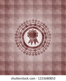 ribbon icon inside red emblem with geometric pattern background. Seamless.