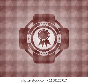 ribbon icon inside red emblem with geometric pattern background. Seamless.