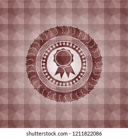 ribbon icon inside red emblem with geometric pattern background. Seamless.