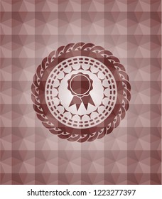 ribbon icon inside red emblem with geometric pattern background. Seamless.