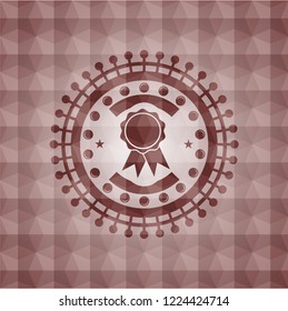 ribbon icon inside red emblem with geometric pattern background. Seamless.