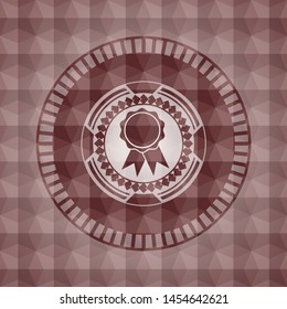 ribbon icon inside red emblem or badge with geometric pattern background. Seamless.