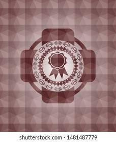 ribbon icon inside red emblem with geometric pattern background. Seamless.