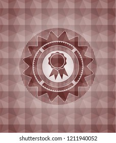ribbon icon inside red seamless emblem with geometric pattern background.