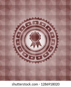 ribbon icon inside red seamless emblem with geometric pattern.