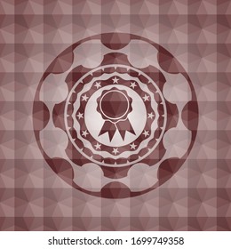 icono de cinta en el interior de emblema o placa sin costuras rojas con fondo de patrón geométrico abstracto.