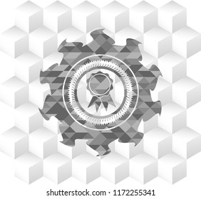 ribbon icon inside retro style grey emblem with geometric cube white background