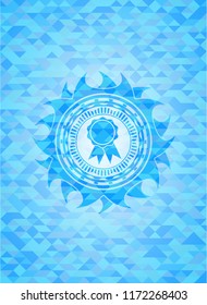ribbon icon inside sky blue emblem. Mosaic background