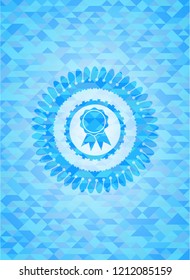 ribbon icon inside sky blue emblem. Mosaic background