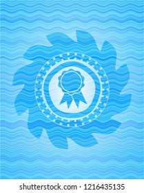 ribbon icon inside sky blue water wave badge.