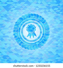 ribbon icon inside sky blue emblem. Mosaic background