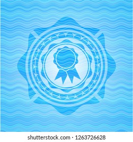 ribbon icon inside sky blue water wave style emblem.