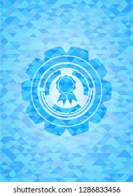 ribbon icon inside sky blue emblem with mosaic ecological style background