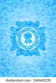 ribbon icon inside sky blue emblem with mosaic ecological style background