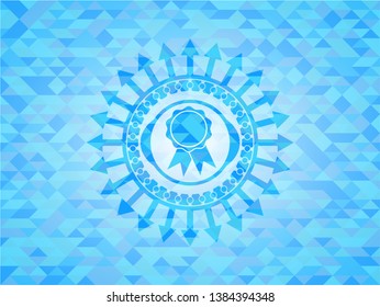 ribbon icon inside sky blue emblem with mosaic background
