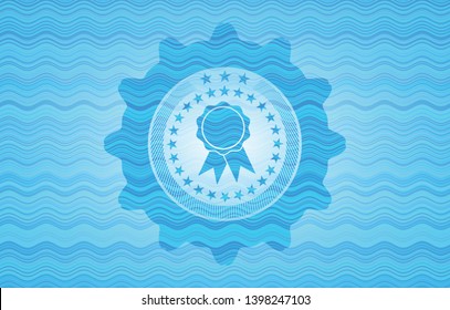 ribbon icon inside sky blue water wave style emblem.
