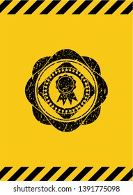 ribbon icon inside warning sign, black grunge emblem. Vector Illustration. Detailed.