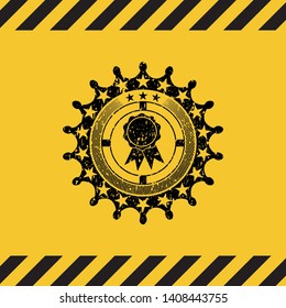 ribbon icon inside warning sign, black grunge emblem. Vector Illustration. Detailed.