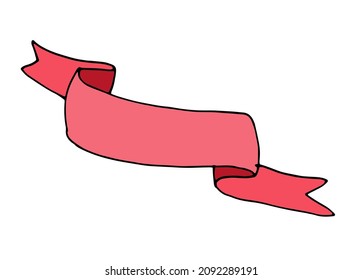 the ribbon icon is the pink color of the banner. Isolated banner element made of vintage ribbon with diagonally curved and triangular ends, pink black outline with empty space for text, label template