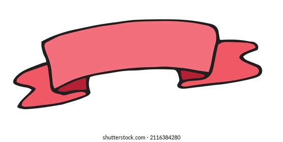 the ribbon icon is the pink color of the banner. Isolated banner element made of vintage ribbon with symmetrical curved triangular ends with a pattern, pink and black outline with empty space for text
