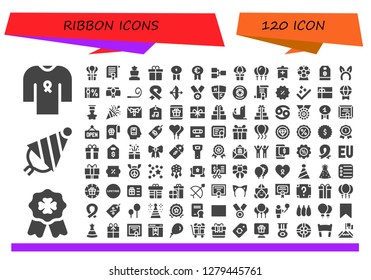  ribbon icon set. 120 filled ribbon icons. Simple modern icons about  - Ribbon, Badge, Party hat, Gift, Certificate, Award, Present, Prize, Competition, Balloons, Banner, Price tag