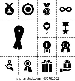 Ribbon icon. set of 13 filled ribbonicons such as ribbon, award, medal, heart baloons, present, ribbon on hand, eternity, gift on hand, number 1 medal