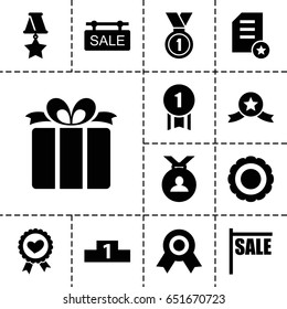 Ribbon icon. set of 13 filled ribbonicons such as medal, heart ribbon, present, sale tag, ranking, award, number 1 medal, medal with star, diploma