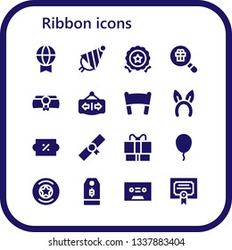 ribbon icon set. 16 filled ribbon icons.  Collection Of - Prize, Party hat, Medal, Gift, Diploma, Open, Banner, Headband, Discount, Balloon, Badge, Price tag, Tape, Merit