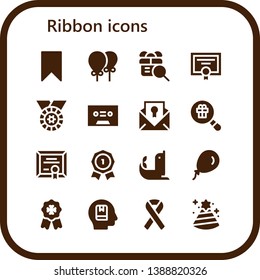 ribbon icon set. 16 filled ribbon icons.  Collection Of - Bookmark, Balloons, Gift, Diploma, Medal, Tape, Certificate, Insignia, Seal, Balloon, Badge, Memorize, Ribbon, Party hat