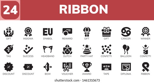 ribbon icon set. 24 filled ribbon icons.  Collection Of - Gift, Insignia, Symbol, Reward, Cancer, Winner, Tag, Success, Headband, Dutch, Party hat, Confetti, Balloon, Discount