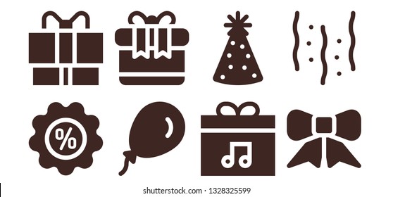 ribbon icon set. 8 filled ribbon icons.  Collection Of - Discount, Gift, Balloon, Present, Party hat, Ribbon, Confetti
