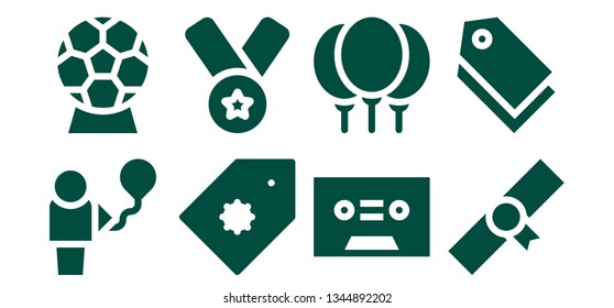 ribbon icon set. 8 filled ribbon icons.  Collection Of - Balloon, Award, Price tag, Medal, Tape, Balloons, Diploma, Tag