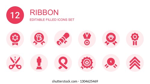 ribbon icon set. Collection of 12 filled ribbon icons included Badge, Award, Diploma, Medal, Winner, Cut, Ribbon, Quality, Rank
