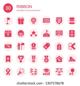 ribbon icon set. Collection of 30 filled ribbon icons included Corner, Present, Medal, Diploma, Badge, Cancer, Seal, Award, Circus, Certificate, Voucher, Success, Label, Bookmark