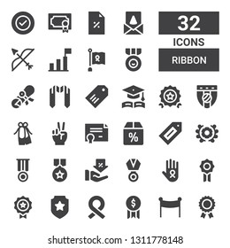 ribbon icon set. Collection of 32 filled ribbon icons included Prize, Banner, Award, Ribbon, Badge, Medal, Cancer, Discount, Emblem, Label, Offer, Certificate, Victory, Ballet