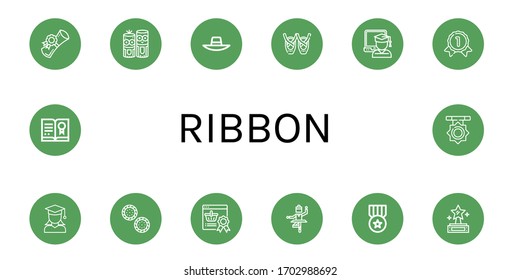 ribbon icon set. Collection of Diploma, Model craft, Sunhat, Ballet, Graduate, Gold medal, Cracker, Reward, Medal, Prize, Certificate icons
