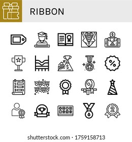 ribbon icon set. Collection of Gift, Price tag, Graduate, Certificate, Bow, Reward, Award, Top, Success, Medal, Discount, Ranking, Garlands, Ribbon, Party hat, Chocolate box icons