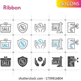 ribbon icon set. included gift, sale, voucher, warranty, discount icons on white background. linear, bicolor, filled styles.