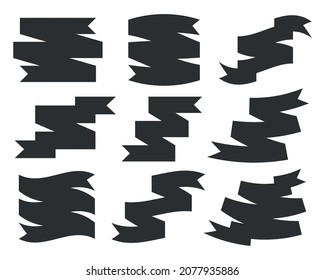 Ribbon icon stamp seal blank flag black flat set. Template news greetings letter. Festive curved element. Invitation signboard attribute discount clearance store site. Simple banner isolated on white