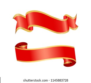 Ribbon icons of banners set of red stripes with borders. Decorative element designed to put text sample in it. Swirl with curly shaped ends vector