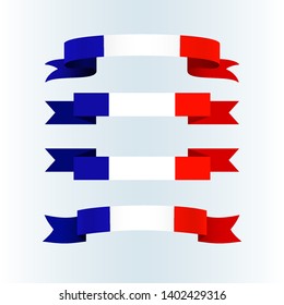 Ribbon icons flag of France on a light background Set Brochure banner layout with wavy lines of French flag ribbons Patriotic advertising greetings card abstract wavy tricolor france theme Vector icon