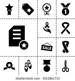 Ribbon icons. set of 13 editable filled ribbon icons such as medal, sale, ballet shoes, medal with star, diploma, manicure scissors