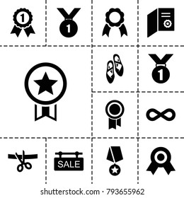 Ribbon icons. set of 13 editable filled ribbon icons such as diploma, medal, eternity, sale tag, ballet shoes, number 1 medal